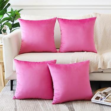 Imagem de OTOSTAR Conjunto de 4 capas decorativas de veludo macio quadrado sólido capas de almofada luxuosas para sofá, carro, pátio, quarto, sala de estar, 55 x 55 cm, rosa choque