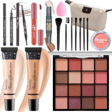 Imagem de YBUETE Conjunto de maquiagem para meninas e mulheres, kit de rosto inteiro, kit de viagem, conjunto de presente, sombra, base, blush, delineador, brilho labial, pincéis de maquiagem e bolsa de esponja