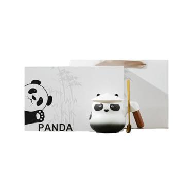 Imagem de Xícara de chá de cerâmica panda, conjunto de chá chinês bonito para casa - conjunto de duas peças de mudança gradual preto e branco / capa branca