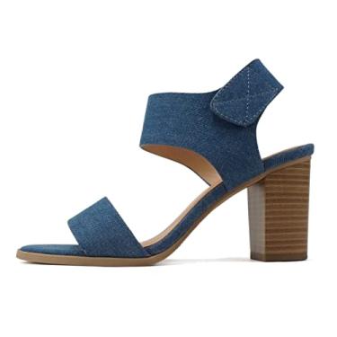 Imagem de Soda WAIT-A ~ Sandália feminina aberta bico redondo salto grosso tira no tornozelo salto alto, Jeans azul médio, 5.5