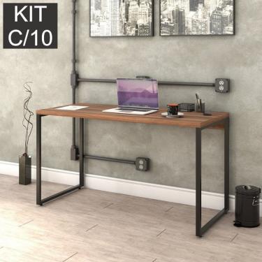 Imagem de Kit Com 10 Escrivaninhas Kuadra 135Cm Estilo Industrial Compace Nogal/Preto
