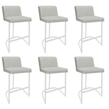 Imagem de Kit 06 Banquetas Com Encosto Noah Luxo Confort Bistrô Cozinha Ferro Branco Linho Cru - Amey Decor