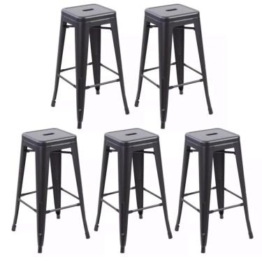 Imagem de Kit Com 5 Banqueta Tolix Iron Design Industrial Preto 76 Cm Aço Cozinha Bar Bistrô Bancada