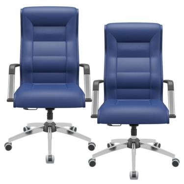 Imagem de Kit 02 Cadeiras De Escritório Giratória Presidente Base Cromada Kirk P03 Vinil Azul - Lyam Decor