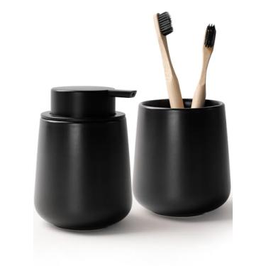 Imagem de BosilunLife Conjunto De Porta-Sabonete E Escova Dentes - Acessórios Banheiro Cerâmica, Dispensador Líquido Para As Mãos Preto