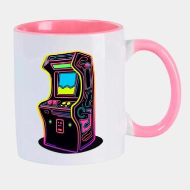 Imagem de Caneca Branca Interna Rosa de Porcelana 325ml FLIPERAMA RETROWAVE NEON