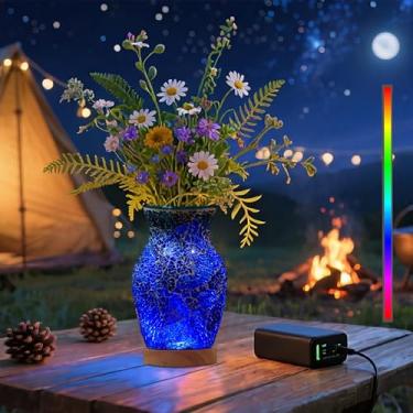 Imagem de ZHIPINHUI Candeeiro de cabeceira de vaso de gelo rachado feito à mão com base de madeira LED alimentada por USB, interruptor único, luz de humor RGB de ciclo automático, vaso azul oceano, luz noturna