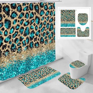 Imagem de Litabel Conjunto de 4 Peças de Cortina de Chuveiro com Estampa de Leopardo Azul-Petróleo com Tapetes Antiderrapantes, Tampa de Vaso Sanitário e Tapete de Banho, Conjunto de Decoraç (Médio, Cerceta)