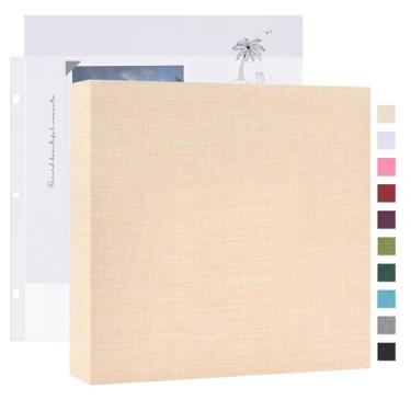 Imagem de Mublalbum Álbum de fotos de 20 x 20 cm, pequeno, 3 anéis, faça você mesmo, com 20 capas de plástico, 40 páginas, capa de linho, pasta para bebê, viagem, aniversário de casamento e projetos DIY (bege)