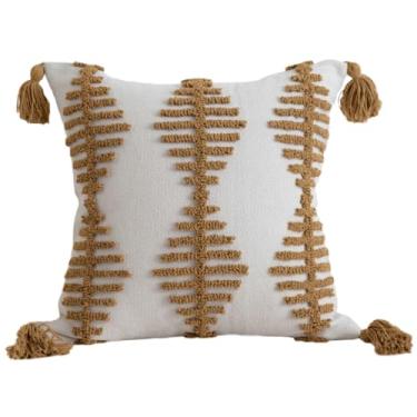 Imagem de NIDITW Capa de almofada Tufting 45,7 cm x 45,7 cm listra geométrica boho luxuosa decoração de casa jacquard bordada com borlas feitas à mão macia e fofa para sofá de fazenda (marrom listrado)