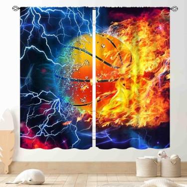 Imagem de Cortinas de basquete para quarto de meninos, esportes bola jogo fogo flash arte legal basquete jogos blackout cortina de janela para crianças adolescentes quarto de bebê sala de estar sala de jogos