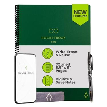 Imagem de Rocketbook Caderno espiral reutilizável New Core, tamanho carta 21 x 28, verde - páginas forradas, conectadas ao aplicativo, apagável, capa durável, ideal para escola, trabalho e projetos criativos