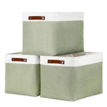 Imagem de DULLEMELO Cesta De Armazenamento Tecido 16", Caixas Decorativas Com Alça Couro Para Armários, Prateleiras Berçário, Linho Dobráveis, Organizadoras Brinquedos, Livros E Toalhas (Branca Verde)