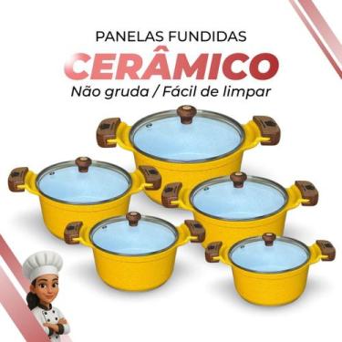 Imagem de Jogo De Panelas Cerâmica Branca Antiaderente 5 Peças Amarelo Tampa De 