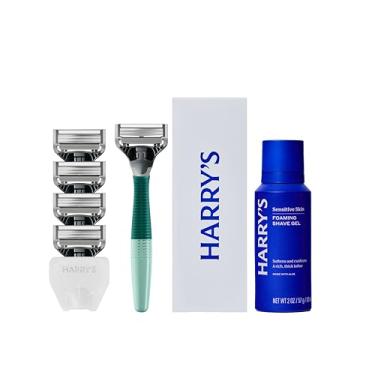 Imagem de Harry's Kit de barbear masculino – cabo de barbear, 5 refis de lâmina de barbear, gel de barbear espumante e capa de lâmina de viagem – sálvia