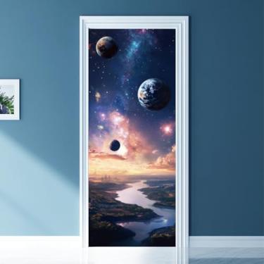 Imagem de arricraft 2 folhas de adesivo de porta autoadesivo planeta, 80 x 199 cm, Via Láctea, céu estrelado, murais, adesivos de PVC, papel de parede removível, decoração para quartos e sala de estar