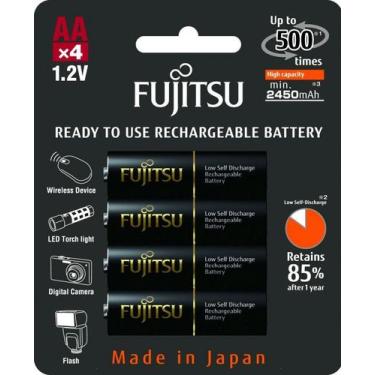 Imagem de Cartela c/ 4 pilhas PRETAS AA recarregáveis FUJITSU PREMIUM, modelo HR