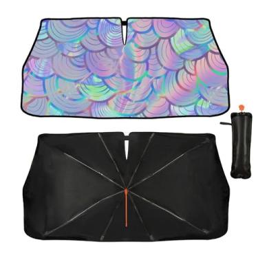 Imagem de Guarda-sol de para-brisa de carro - Guarda-sol de escama de peixe neon para janela frontal de carro, bloqueiam raios UV guarda-chuva dobrável para viseira de sol mantém o veículo fresco para a maioria