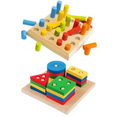 Imagem de Kit 2 Brinquedos FORMAS GEOMÉTRICAS + PINOS DE ENCAIXE Madeira e EVA - Brinquedo Educativo