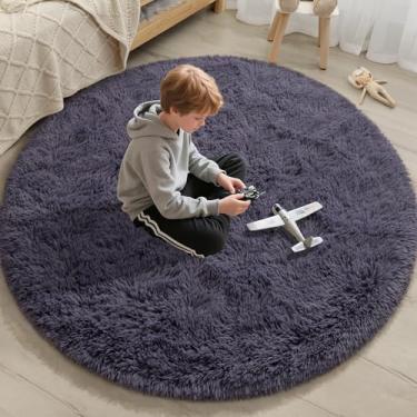 Imagem de EVOIONOS Tapete redondo cinza roxo para quarto, 1,2 x 1,2 m, tapetes macios e macios para sala de estar, tapete circular felpudo de pelúcia para quarto de dormir, berçário infantil, lavável na máquina