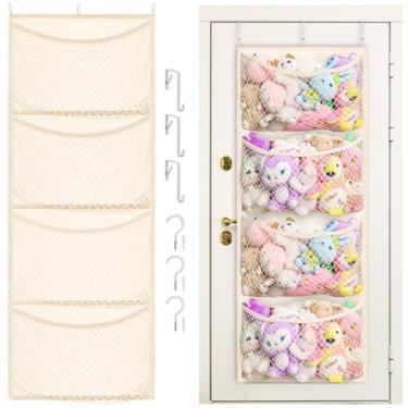 Imagem de Armazenamento de animais de pelúcia amplo sobre a porta, organizador de brinquedos de algodão para brinquedos de pelúcia, suprimentos para bebês, suporte de animais de pelúcia com 5 bolsos grandes