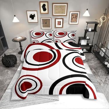 Imagem de Erosebridal Conjunto de cama solteiro com círculos vermelhos e pretos para adultos, mulheres, homens, listrado, abstrato, geométrico, geométrico, minimalista, linhas, boêmio, arte simples