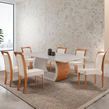 Imagem de Mesa Ellis 180cm Tampo Laqueado Com Vidro com 6 Cadeiras Munique - Linho Off /Off White/Imbuia Nat