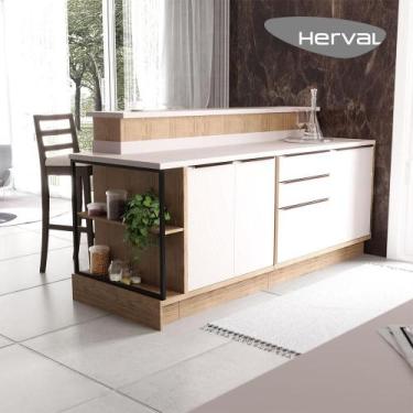 Imagem de Ilha de Cozinha com Bancada 100% MDF Herval Ten, Off White e Louro Fre