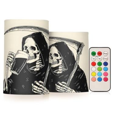 Imagem de ALAZA Velas sem chamas cintilantes de Halloween The Grim Reaper operadas por bateria com temporizador remoto, velas de luz de chá, pilar de LED, conjunto de 2 velas votivas para ambientes externos