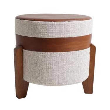 Imagem de Puff Redondo Pés em Madeira com Revestimento em Linho e Courino Preebel Linho Bege