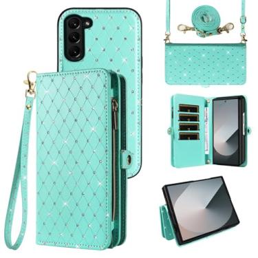 Imagem de Capa de celular para Samsung Galaxy Z Fold 6 5G 2024 com zíper carteira destacável com alça transversal alça de cordão bling glitter flip compartimento para cartão ZFold6 Z6 G Fold6 6Z mulheres homens