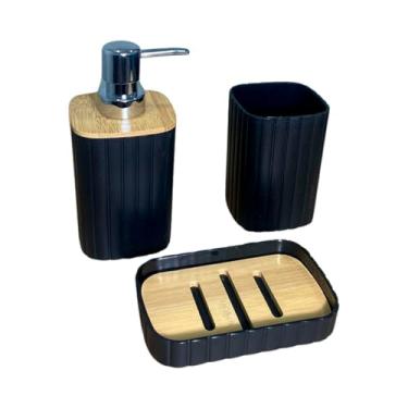 Imagem de Kit Banheiro 3 Peças, Saboneteira Líquida, Porta Escova e Porta Sabonete, Design Moderno com Bambu, Cinza (Preto)