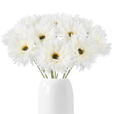 Imagem de Fqueelvys 12 peças de flores artificiais de margarida gerbera, 43 cm, margaridas falsas brancas, flores de seda com hastes para buquê de casamento, festa em casa, jardim, decoração ao ar livre (branca