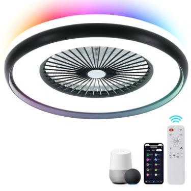 Imagem de HUMHOLD Ventilador de teto sem lâmina de 61 cm com controle remoto de luz RGB, ventiladores de teto LED inteligentes com controle de voz/aplicativo, ventilador de teto moderno de baixo perfil