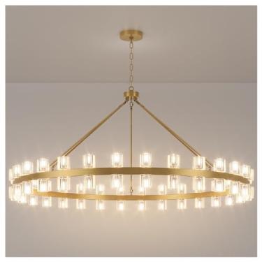 Imagem de AEULYTIR Lustre de roda de vagão dourado de 152 cm com sombra de cristal, 60 luzes, estilo de fazenda moderno, ideal para sala de jantar, cozinha, entradas