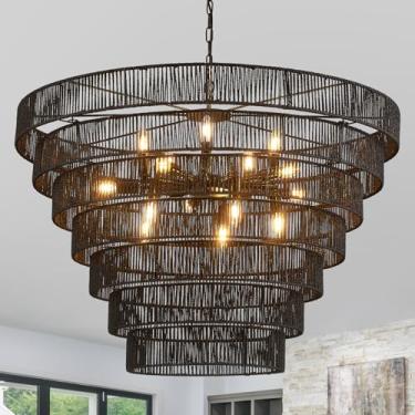 Imagem de YOMECOO Lustre de vime preto grande de 100 cm vintage casa de fazenda 15 luzes Boho lustres de bambu tecido à mão luminária lustre rústico de vime para sala de jantar, sala de estar, ilha de cozinha