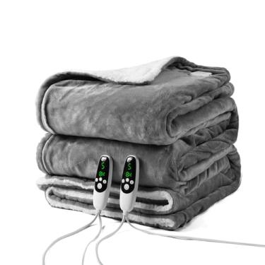 Imagem de Cobertor elétrico de flanela, controle duplo, cobertor aquecido com 20 configurações de calor e 10 temporizadores, desligamento automático e proteção contra superaquecimento, lavável na máquina