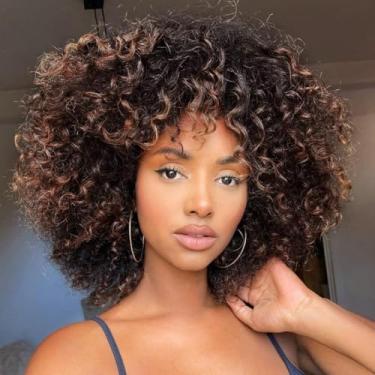 Imagem de Perucas encaracoladas para mulheres, perucas afro encaracoladas macias de 35,5 cm com franja, perucas sintéticas ombré marrom encaracolado, peruca completa para mulheres (2T33)