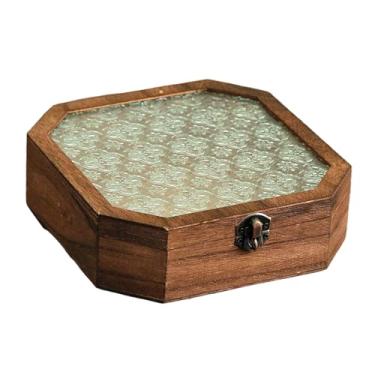 Imagem de UGPLM Caixa de armazenamento de madeira para joias, recipiente multiuso com tampa de vidro, caixa de presente para pulseira e anel, 20x20x5.8cm