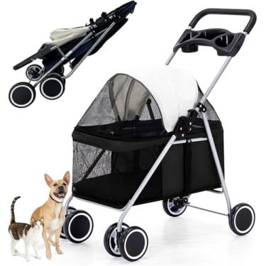 Imagem de Carrinho De Estimação Dobrável De 4 Rodas Para Cães Pequenos Médios Gatos Até 33lbs, Fácil Dobrar Carrinho De Cachorro Portátil à Prova D'Água Para Viagens E Compras, Black