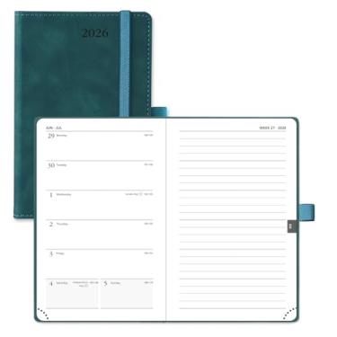 Imagem de POPRUN Calendário de bolso Weekly Planner 2026 (10 x 15,9 cm) Caderno de 12 meses com layout horizontal, capa macia de couro, bolso interno, papel grosso de 100 g/m2, suporte para caneta - verde