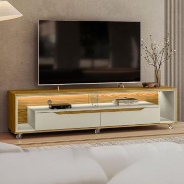 Imagem de Rack para TV Até 65 Polegadas Loop 2 Gavetas com Vidro e Led Cedro/Off White - Olivar Móveis