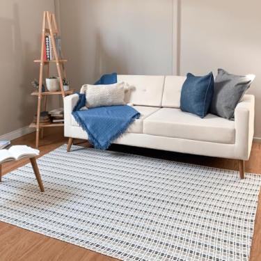 Imagem de Tapete Sala Quarto Grande Artesanal 2,00 x 1,40m Quadriculado Rústico Colorido Cru Tear 100% Algodão Antiderrapante Lavável Decorativo Minimalista (Cinza)