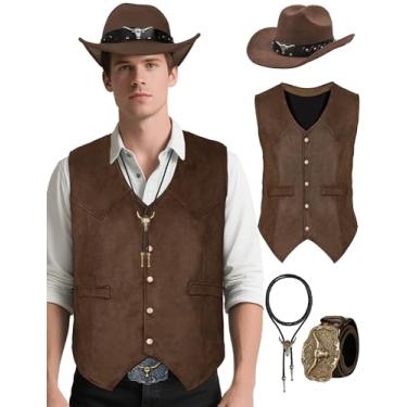 Imagem de CICOCO Roupas ocidentais cowboy fantasia masculina clássica colete cowboy chapéu bolo fantasia Holloween, Marrom, M