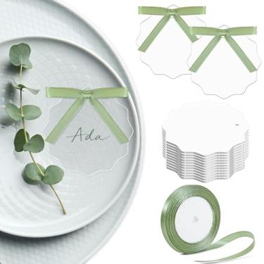 Imagem de 50 cartões de acrílico para lugares, cartões de nome recortados em branco, placa reservada, placa de assento de casamento, acrílico, faça você mesmo, cartões de mesa com fita verde para casamentos