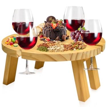 Imagem de Aiwosana Mesa de piquenique portátil de madeira, mini mesa de vinho para uso ao ar livre, mesa de piquenique de praia dobrável com suporte de vidro para acampamento, praia, festa, piquenique