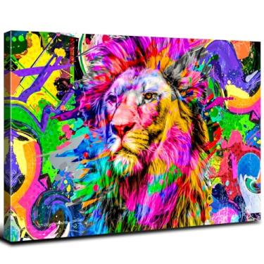 Imagem de Arte de parede em tela de leão, grafite, abstrata, vida selvagem, decoração de parede para sala de estar, rua, pop, banksy, floresta, animal, pintura, impressões, colorido, rei, leão, rei, quarto