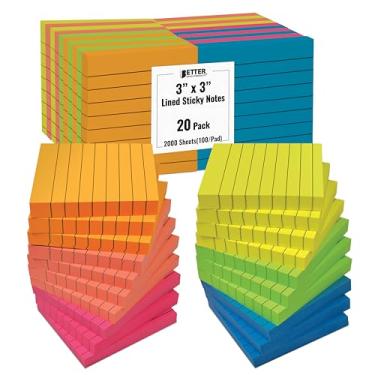 Imagem de Notas adesivas pautadas 7,6 x 7,6 cm, pacote com 20 unidades, 2.000 folhas (100/bloco), notas autoadesivas com linhas, cores sortidas brilhantes, da Better Office Products, postes memoráveis, adesivo forte, 20 blocos na caixa