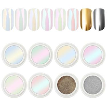 Imagem de AIMEILI Pó de unha cromado pérola, vegano, livre de crueldade, 8 cores aurora metálico holográfico efeito espelhado pigmento iridescente shell glitter arte de unhas