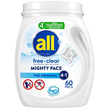 Imagem de Detergente para roupa All Mighty Pacs Free Clear 60 unidades